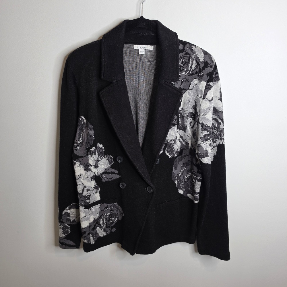 Chico's Cardigan Blazer Womens 2 (12) Floral Knit Double Breasted Black